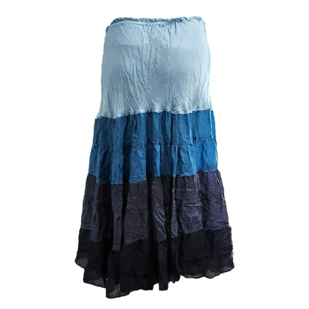 Chan Luu Silk Tiered Midi Peasant Skirt Prairie Cottagecore Fairycore Colorblock